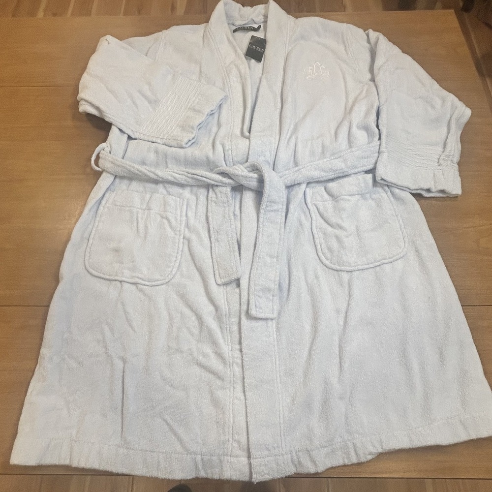 Lauren Ralph Lauren Robe Womens L Light Blue Terry Kimono Belted Bathrobe *MARK*